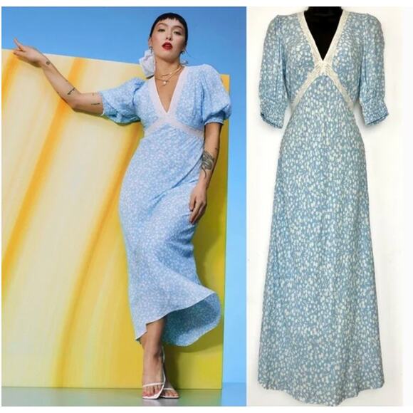 RIXO x Target Light Blue Floral Lace V-Neck Swing Puff Sleeve Midi Dress Sz 16 - Picture 2 of 10
